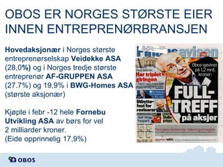 OBOS ER NORGES STØRSTE EIER
INNEN ENTREPRENØRBRANSJEN
Hovedaksjonær i Norges største
entreprenørselskap Veidekke ASA
(28,0%) og i Norges tredje største
entreprenør AF-GRUPPEN ASA
(27.7%) og 19,9% i BWG-Homes ASA
(største aksjonær)

Kjøpte i febr -12 hele Fornebu
Utvikling ASA av børs for vel
2 milliarder kroner.
(Eide opprinnelig 17,9%)

 