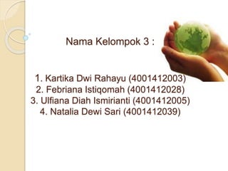 Nama Kelompok 3 :
1. Kartika Dwi Rahayu (4001412003)
2. Febriana Istiqomah (4001412028)
3. Ulfiana Diah Ismirianti (4001412005)
4. Natalia Dewi Sari (4001412039)
 