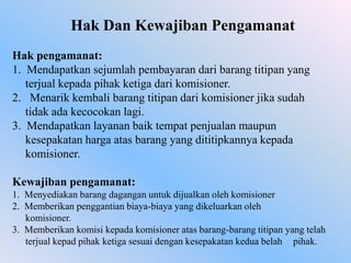 Hak Dan Kewajiban Pengamanat
Hak pengamanat:
1. Mendapatkan sejumlah pembayaran dari barang titipan yang
terjual kepada pihak ketiga dari komisioner.
2. Menarik kembali barang titipan dari komisioner jika sudah
tidak ada kecocokan lagi.
3. Mendapatkan layanan baik tempat penjualan maupun
kesepakatan harga atas barang yang dititipkannya kepada
komisioner.
Kewajiban pengamanat:
1. Menyediakan barang dagangan untuk dijualkan oleh komisioner
2. Memberikan penggantian biaya-biaya yang dikeluarkan oleh
komisioner.
3. Memberikan komisi kepada komisioner atas barang-barang titipan yang telah
terjual kepad pihak ketiga sesuai dengan kesepakatan kedua belah pihak.

 