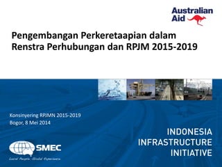 Pengembangan Perkeretaapian dalam
Renstra Perhubungan dan RPJM 2015-2019
Konsinyering RPJMN 2015-2019
Bogor, 8 Mei 2014
 
