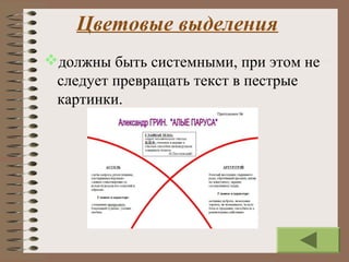 Цветовые выделения
должны быть системными, при этом не
следует превращать текст в пестрые
картинки.
 