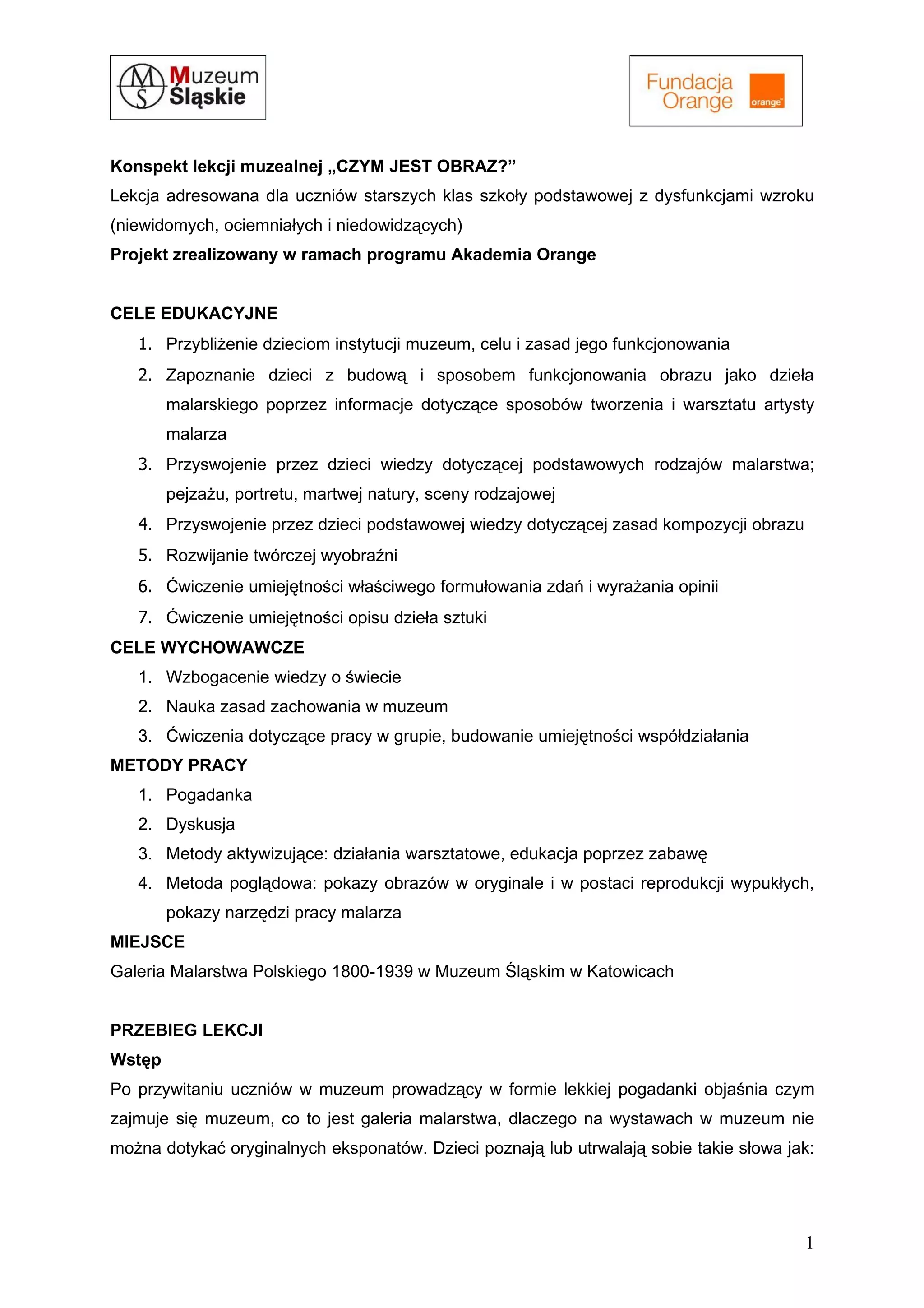 Konspekt lekcji muzealnej | DOC