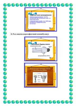Недоліки ламп розжарювання
1.Високе енергоспоживання: лише 5%
електроенергії йде на освітлення, а 95% - на
нагрів самої лампи.
2. Короткий термін служби: лише 1000 годин,
що дорівнює у середньому 1 року
експлуатації.
8. Розглянемоенергоефективнілампи(будову).
Розгляньте будову лампи
 
