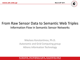 March 28th 2011




From Raw Sensor Data to Semantic Web Triples
     Information Flow in Semantic Sensor Networks



               Nikolaos Konstantinou, Ph.D.
           Autonomic and Grid Computing group
              Athens Information Technology
 