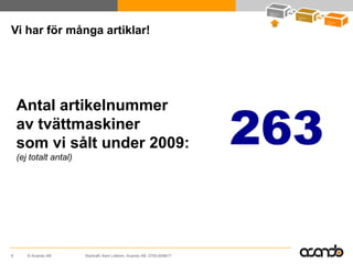 Vi har för många artiklar!




                                                                         263
    Antal artikelnummer
    av tvättmaskiner
    som vi sålt under 2009:
    (ej totalt antal)




9      © Acando AB      Styrkraft, Kent Lidbom, Acando AB, 0705-609617
 