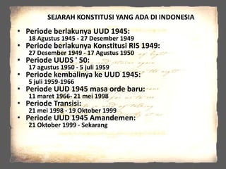 SEJARAH KONSTITUSI YANG ADA DI INDONESIA

• Periode berlakunya UUD 1945:

18 Agustus 1945 - 27 Desember 1949

• Periode berlakunya Konstitusi RIS 1949:
27 Desember 1949 - 17 Agustus 1950

• Periode UUDS ' 50:

17 agustus 1950 - 5 juli 1959

• Periode kembalinya ke UUD 1945:
5 juli 1959-1966

• Periode UUD 1945 masa orde baru:
11 maret 1966- 21 mei 1998

• Periode Transisi:

21 mei 1998 - 19 Oktober 1999

• Periode UUD 1945 Amandemen:
21 Oktober 1999 - Sekarang

 