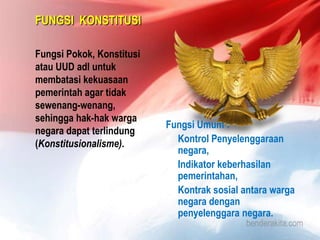 FUNGSI KONSTITUSI
Fungsi Pokok, Konstitusi
atau UUD adl untuk
membatasi kekuasaan
pemerintah agar tidak
sewenang-wenang,
sehingga hak-hak warga
negara dapat terlindung
(Konstitusionalisme).

Fungsi Umum :
 Kontrol Penyelenggaraan
negara,
 Indikator keberhasilan
pemerintahan,
 Kontrak sosial antara warga
negara dengan
penyelenggara negara.

 