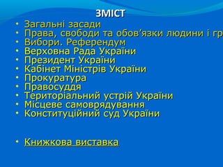 ЗМІСТЗМІСТ
• Загальні засадиЗагальні засади
• Права, свободи та обов’язки людини і грПрава, свободи та обов’язки людини і ...