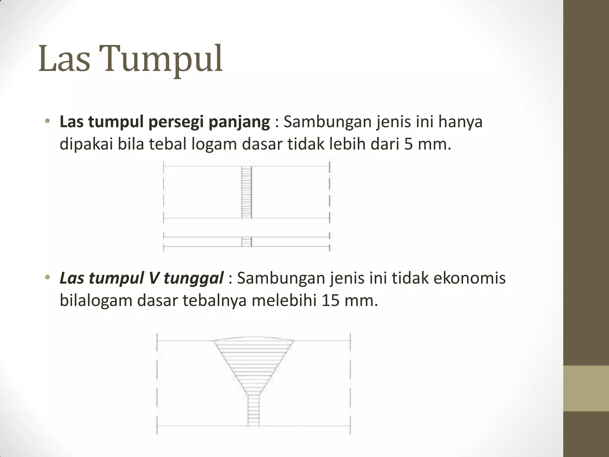 Las Tumpul
• Las tumpul persegi panjang : Sambungan jenis ini hanya
dipakai bila tebal logam dasar tidak lebih dari 5 mm.

• Las tumpul V tunggal : Sambungan jenis ini tidak ekonomis
bilalogam dasar tebalnya melebihi 15 mm.

 