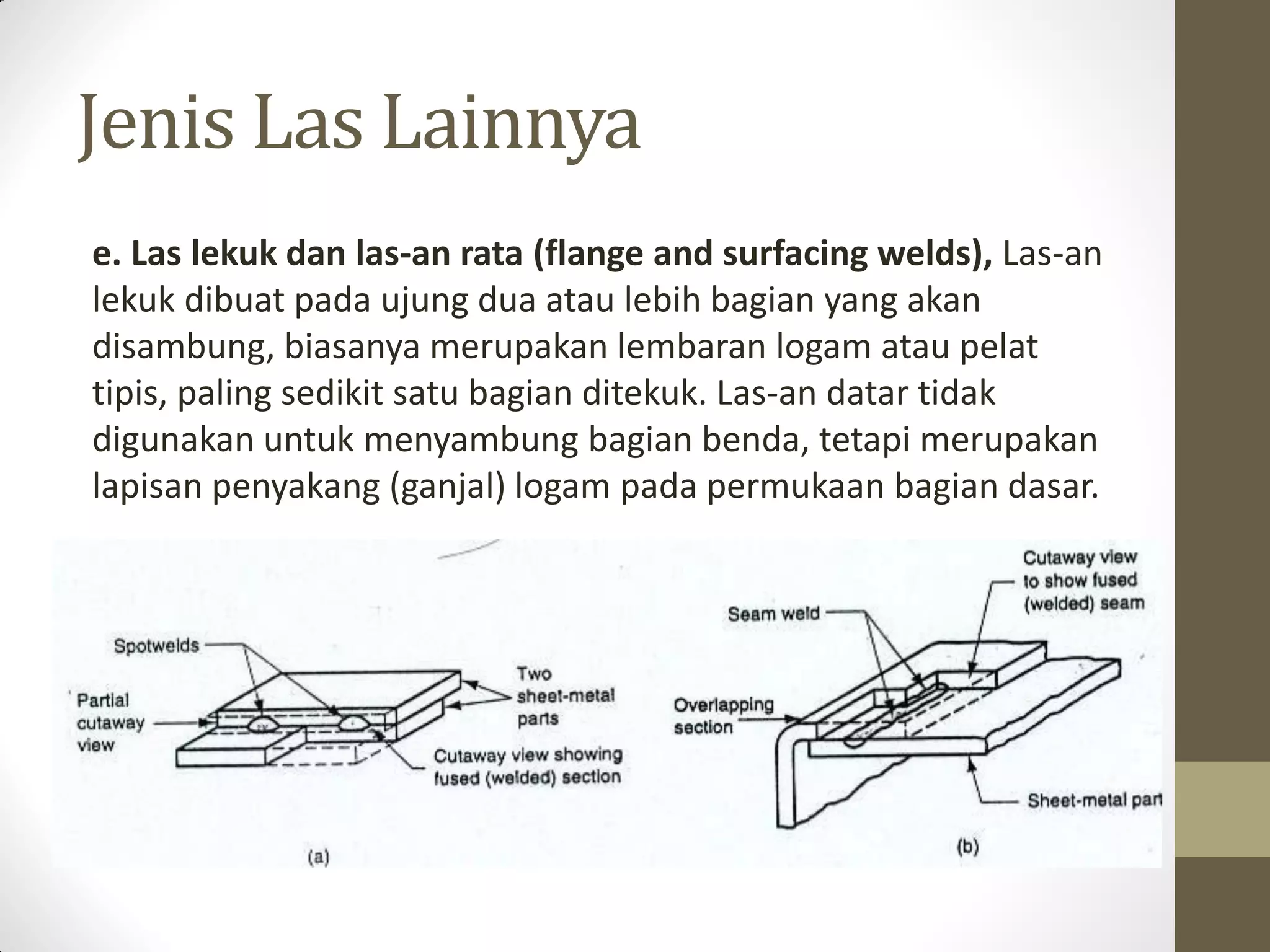 Jenis Las Lainnya
e. Las lekuk dan las-an rata (flange and surfacing welds), Las-an
lekuk dibuat pada ujung dua atau lebih bagian yang akan
disambung, biasanya merupakan lembaran logam atau pelat
tipis, paling sedikit satu bagian ditekuk. Las-an datar tidak
digunakan untuk menyambung bagian benda, tetapi merupakan
lapisan penyakang (ganjal) logam pada permukaan bagian dasar.

 