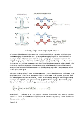 Gambar 6 gulungan searah dan gulungan berlawanan
Trafo dapat digunakanuntukmenaikanataumenurunkantegangan.Trafoyangdigunakanuntuk
menaikantegangandisebuttrafostep – upsedangkantrafoyang digunakanuntukmenurunkan
tegangandisebuttrafostep-down.Padatrafostep – up teganganpadasisi sekunderakanlebih
tinggi dari teganganpada sisi primersebaliknyapadatrafostepdowntegangansisi sekunderakan
lebihrendahdari teganganpadasisi primer.Selaintrafostep-updantrafostep –downjugaada trafo
impedansi.Trafoimpedansitidakmenaikanataumenurunkantegangan,tetapi digunakanuntuk
menyesuaikanimpedansisuaturangkaianlistrikataudapatjuga digunakansebagai bebandanfilter
terhadapmedanmagnet.
Teganganpada sisi primer(Vp) dantegangansekunder(Vs) ditentukanolehjumlahlilitankawatpada
kumparanprimerdansekunder.Perbandinganantaralilitankawatpadakumparanprimer(Np) dan
lilitankawatpadakumparansekunder(Ns) disebutrasiolilitan(n).Sedangkanperbandinganantara
teganganprimer(Vp) dengantegangansekunder(Vs) disebutrasiotegangan.Besarrasiotegangan
denganrasiolilitanharussama.Sehinggasecaramatematisdapatditulis:
Persamaan 1 berlaku bila fluks medan magnet primerdan fluks medan magnet
sekunder sama. Rasio lilitan merupakan salah satu faktor penting dalam mendesain
dan membuat trafo.
Contoh 1
 