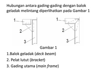 Hubungan antara gading-gading dengan balok
geladak melintang diperlihatkan pada Gambar 1
Gambar 1
1.Balok geladak (deck beam)
2. Pelat lutut (bracket)
3. Gading utama (main frame)
 