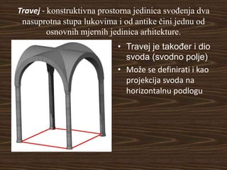 Travej - konstruktivna prostorna jedinica svođenja dva
 nasuprotna stupa lukovima i od antike čini jednu od
         osnovnih mjernih jedinica arhitekture.
                            • Travej je također i dio
                              svoda (svodno polje)
                            • Može se definirati i kao
                              projekcija svoda na
                              horizontalnu podlogu
 