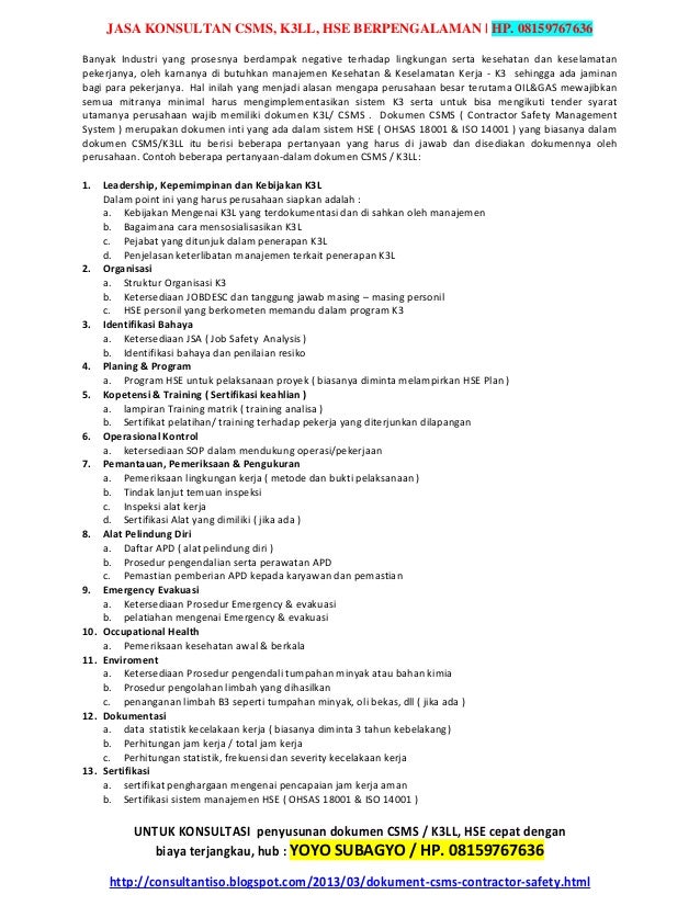 KONSULTAN HSE JASA CONSULTANT CSMS K3LL HSE PLAN