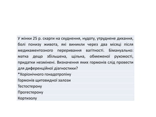 У жінки 25 р. скарги на схуднення, нудоту, утруднене дихання,
болі понизу живота, які виникли через два місяці після
медикаментозного переривання вагітності. Бімануально:
матка дещо збільшена, щільна, обмеженої рухомості,
придатки незмінені. Визначення яких гормонів слід провести
для диференційної діагностики?
*Хоріонічного гонадотропіну
Гормонів щитовидної залози
Тестостерону
Прогестерону
Кортизолу
 
