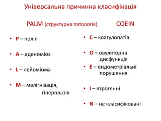 Універсальна причинна класифікація
PALM (структурна патологія) COEIN
• P – поліп
• A – аденоміоз
• L – лейоміома
• M – малігнізація,
гіперплазія
• C – коагулопатія
• O – овуляторна
дисфункція
• E – ендометріальні
порушення
• I – ятрогенні
• N – не класифіковані
 