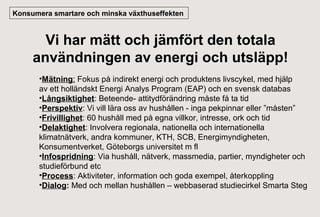 Konsumera smartare och minska växthuseffekten

Vi har mätt och jämfört den totala
användningen av energi och utsläpp!
•Mätning: Fokus på indirekt energi och produktens livscykel, med hjälp
av ett holländskt Energi Analys Program (EAP) och en svensk databas
•Långsiktighet: Beteende- attitydförändring måste få ta tid
•Perspektiv: Vi vill lära oss av hushållen - inga pekpinnar eller ”måsten”
•Frivillighet: 60 hushåll med på egna villkor, intresse, ork och tid
•Delaktighet: Involvera regionala, nationella och internationella
klimatnätverk, andra kommuner, KTH, SCB, Energimyndigheten,
Konsumentverket, Göteborgs universitet m fl
•Infospridning: Via hushåll, nätverk, massmedia, partier, myndigheter och
studieförbund etc
•Process: Aktiviteter, information och goda exempel, återkoppling
•Dialog: Med och mellan hushållen – webbaserad studiecirkel Smarta Steg

 