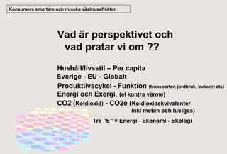 Konsumera smartare och minska växthuseffekten

Vad är perspektivet och
vad pratar vi om ??
Hushåll/livsstil – Per capita
Sverige - EU - Globalt
Produktlivscykel - Funktion (transporter, jordbruk, industri etc)
Energi och Exergi, (el kontra värme)
CO2 (Koldioxid) - CO2e (Koldioxidekvivalenter
inkl metan och lustgas)
Tre ”E” = Energi - Ekonomi - Ekologi

 