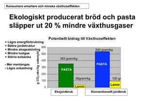 Konsumera smartare och minska växthuseffekten

Ekologiskt producerat bröd och pasta
släpper ut 20 % mindre växthusgaser
+ Lägre energiförbrukning
+ Bättre jordstruktur
+ Mindre skogsskövling
+ Mindre lustgas
+ Större kolsänka
- Mer mentangas
- Lägre avkastning

540 gram/kg
353 gram/kg
PASTA
PASTA
58gram/kg
Lamm
Ekojordbruk

100 gr
Lamm
Konventionellt jordbruk

 
