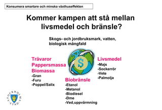 Konsumera smartare och minska växthuseffekten

Kommer kampen att stå mellan
livsmedel och bränsle?
Skogs- och jordbruksmark, vatten,
biologisk mångfald

Trävaror
Pappersmassa
Biomassa
-Gran

-Furu
-Poppel/Salix

Biobränsle
-Etanol
-Metanol
-Biodiesel
-Dme
-Ved,uppvärmning

Livsmedel
-Majs
-Sockerrör
-Vete
-Palmolja

 