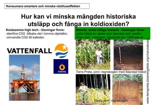 Konsumera smartare och minska växthuseffekten

Kostsamma high tech - lösningar finns:
-återföra CO2 tillbaks det i tomma oljekällor,
-omvandla CO2 till kalksten

Smarta, enkla billiga lowtech - lösningar finns:
-göra träkol av växter som blandas ned i jorden
Char coal – metoden, beprövad sen 1000-tals år

www.terrapreta.bioenergylists.org/charcoaluses

Hur kan vi minska mängden historiska
utsläpp och fånga in koldioxiden?

Terra Preta, jord i regnskogen med iblandad träkol

Vanlig jord i regnskogen

 