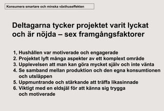 Konsumera smartare och minska växthuseffekten

Deltagarna tycker projektet varit lyckat
och är nöjda – sex framgångsfaktorer
1, Hushållen var motiverade och engagerade
2. Projektet lyft många aspekter av ett komplext område
3. Upplevelsen att man kan göra mycket själv och inte vänta
4. Se samband mellan produktion och den egna konsumtionen
och utsläppen
5. Uppmuntrande och stärkande att träffa likasinnade
6. Viktigt med en eldsjäl för att känna sig trygga
och motiverade

 