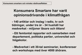 Konsumera smartare och minska växthuseffekten

Konsumera Smartare har varit
opinionsdrivande i klimatfrågan
- 140 artiklar och inslag i radio, tv och
tidningar, under tre år - 34 hushåll har
medverkat - miljoner läsare och tittare!
- Ett femtontal rapporter och samarbeten med
departement, politiska partier, universitet och
högskolor.
- Medverkat i ett 30-tal seminarier, konferenser
och workshops med över 4000 åhörare.

 
