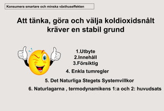 Konsumera smartare och minska växthuseffekten

Att tänka, göra och välja koldioxidsnålt
kräver en stabil grund
1.Utbyte
2.Innehåll
3.Försiktig
4. Enkla tumregler
5. Det Naturliga Stegets Systemvillkor
6. Naturlagarna , termodynamikens 1:a och 2: huvudsats

 