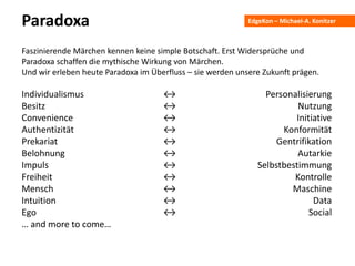 EdgeKon – Michael-A. KonitzerParadoxa
Faszinierende Märchen kennen keine simple Botschaft. Erst Widersprüche und
Paradoxa schaffen die mythische Wirkung von Märchen.
Und wir erleben heute Paradoxa im Überfluss – sie werden unsere Zukunft prägen.
Individualismus ↔ Personalisierung
Besitz ↔ Nutzung
Convenience ↔ Initiative
Authentizität ↔ Konformität
Prekariat ↔ Gentrifikation
Belohnung ↔ Autarkie
Impuls ↔ Selbstbestimmung
Freiheit ↔ Kontrolle
Mensch ↔ Maschine
Intuition ↔ Data
Ego ↔ Social
… and more to come…
 