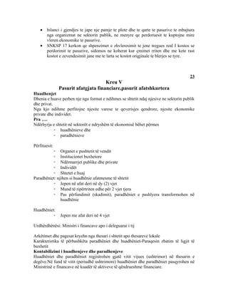 •   bilanci i gjendjes te jape nje pamje te plote dhe te qarte te pasurive te mbajtura
        nga organizmat ne sektorin publik, ne menyre qe perdoruesit te kuptojne mire
        vleren ekonomike te pasurive.
    •   SNKSP 17 kerkon qe shpenzimet e zhvleresimit te jene tregues real I kostos se
        perdorimit te pasurive, sidomos ne koherat kur çmimet rriten dhe me kete rast
        kostot e zevendesimit jane me te larta se kostot origjinale te blerjes se tyre.



                                                                                       23
                                     Kreu V
               Pasurit afatgjata financiare,pasurit afatshkurtera
Huadhenjet
Dhenia e huave perben nje nga format e ndihmes se shtetit ndaj njesive ne sektorin publik
dhe privat.
Nga kjo ndihme perfitojne njesite varese te qeverisjes qendrore, njesite ekonomike
private dhe individet.
Pra ….
Ndërhyrja e shtetit në sektorët e ndryshëm të ekonomisë bëhet përmes
            ◦ huadhënieve dhe
            ◦ paradhënieve

Përfituesit:
          ◦ Organet e pushtetit të vendit
          ◦ Institucionet buxhetore
          ◦ Ndërmarrjet publike dhe private
          ◦ Individët
          ◦ Shtetet e huaj
Paradhëniet: njihen si huadhënie afatmesme të shtetit
          ◦ Jepen në afat deri në dy (2) vjet
          ◦ Mund të ripërtriten edhe për 2 vjet tjera
          ◦ Pas përfundimit (skadimit), paradhëniet e pashlyera transformohen në
               huadhënie

Huadhëniet:
          ◦    Jepen me afat deri në 4 vjet

Urdhërdhënësi: Ministri i financave apo i deleguarai i tij

Arkëtimet dhe pagesat kryehn nga thesari i shtetit apo thesareve lokale
Karakteristika të përbashkëta paradhëniet dhe huadhëniet-Paraqesin zbatim të ligjit të
buxhetit
Kontabilizimi i huadhenjeve dhe paradhenjeve
Huadhëniet dhe paradhëniet regjistrohen gjatë vitit vijues (ushtrimor) në thesarin e
degëve.Në fund të vitit (periudhë ushtrimore) huadhëniet dhe paradhëniet pasqyrohen në
Ministrinë e financave në kuadër të aktiveve të qëndrueshme financiare.
 