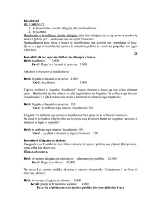 Klasifikimi
HUADHENIET
    1. te brendshme- direkte afatgjata dhe nenhuadhenie:
    2. te jashtme
Huadheniet e brendshme direkte afatgjata jane hua afatgjata qe u jep qeveria njesive te
sektorit publik per t’i ndihmuar ato me mjete financiare.
Nenhuadheniet jane pjese e huave te nenshkruara nga qeveria per organizma te huaj.
Qeveria u jep nenhuadheniet njesive te ndryshmepublike te vendit ne perputhje me ligjin
e buxhetit.
                                                                                    24
Kontabiliteti me veprimet lidhur me dhenjen e huave
Debi: huadhenie         3.000
      Kredi: llogaria e thesarit te qeverise 3.000

Arketimi i shumave te huadhenieve:

Debi: llogaria e thesarit te qeverise 2.000
       Kredi: huadhenie                     2.000

Teprica debitore e llogarise “huadhenie” tregon shumen e huase qe nuk eshte arketuar
ende. Huadheniet sjellin interes, te cilat regjistrohen ne llogarine “te ardhura nga interesi
i huadhenies”, e cila krediton me rastin e arketimit te interesit nga huadhenia.

Debi: llogaria e thesarit te qeverise 150
       Kredi: te ardhurat nga interesi i huadhenies 150

Llogaria “te ardhurat nga interesi i huadhenies”ben pjese ne te ardhurat financiare.
Ne fund te periudhes mbyllet dhe me levizjen esaj kreditore bartet ne llogarine “rezultati i
zbatimit te ligjit te buxhetit”.

Debi: te ardhurat nga interesi i huadhenies 150
       Kredi : rezultati i zbatimit te ligjit te buxhetit   150

Investimet afatgjata ne aksione
Pasqyrohen ne kontabilitet kur blihen aksione te njesive publike ose private fitimprurese,
ashtu edhe kur shiten ato.
Blerja e aksioneve:

Debi: investime afatgjata ne aksione te ndermarrjeve publike        20.000
      Kredi: llogaria ne thesar 20.000

Ne rastet kur njesite publike aksionet e njesive ekonomike fitimprurese i perfiton si
dhurime, atehere:

Debi: investime afatgjata ne aksione 4.000
     Kredi: grante te brendshme kapitale    4.000
          Pasurite afatshkurtera te njesive publike dhe kontabilizimi i tyre
 