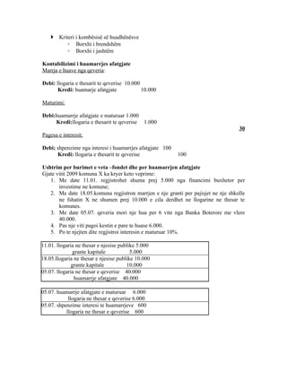  Kriteri i kombësisë së huadhënësve
          ◦ Borxhi i brendshëm
          ◦ Borxhi i jashtëm

Kontabilizimi i huamarrjes afatgjate
Marrja e huave nga qeveria:

Debi: llogaria e thesarit te qeverise 10.000
       Kredi: huamarje afatgjate             10.000

Maturimi:

Debi:huamarrje afatgjate e maturuar 1.000
     Kredi:llogaria e thesarit te qeverise 1.000
                                                                                   30
Pagesa e interesit:

Debi; shpenzime nga interesi i huamarrjes afatgjate 100
      Kredi: llogaria e thesarit te qeverise              100

Ushtrim per burimet e veta –fondet dhe per huamarrjen afatgjate
Gjate vitit 2009 komuna X ka kryer keto veprime:
   1. Me date 11.01. regjistrohet shuma prej 5.000 nga financimi buxhetor per
       investime ne komune;
   2. Me date 18.05.komuna regjistron marrjen e nje granti per pajisjet ne nje shkolle
       ne fshatin X ne shumen prej 10.000 e cila derdhet ne llogarine ne thesar te
       komunes.
   3. Me date 05.07. qeveria mori nje hua per 6 vite nga Banka Boterore me vlere
       40.000.
   4. Pas nje viti pagoi kestin e pare te huase 6.000.
   5. Po te njejten dite regjistroi interesin e maturuar 10%.

11.01. llogaria ne thesar e njesise publike 5.000
               grante kapitale           5.000
18.05.llogaria ne thesar e njesise publike 10.000
              grante kapitale          10.000
05.07. llogaria ne thesar e qeverise 40.000
                huamarrje afatgjate 40.000

05.07. huamarrje afatgjate e maturuar 6.000
            llogaria ne thesar e qeverise 6.000
05.07. shpenzime interesi te huamarrjeve 600
           llogaria ne thesar e qeverise 600
 