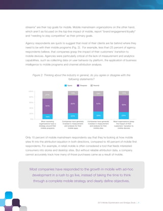 2013 Mobile Sophistication and Stratgey Study | 4
streams” are their top goals for mobile. Mobile mainstream organizations on the other hand,
which aren’t as focused on the top-line impact of mobile, report “brand engagement/loyalty”
and “needing to stay competitive” as their primary goals.
Agency respondents are quick to suggest that most of their clients are far behind where they
need to be with their mobile programs (Fig. 2). For example, less than 25 percent of agency
respondents believe, that companies grasp the impact of their customers’ transition to
mobile devices. Agencies were particularly critical of the lack of measurement and analytics
capabilities, such as collecting data on user behavior by platform, the application of business
intelligence to mobile programs and channel attribution analysis.
Figure 2: Thinking about the industry in general, do you agree or disagree with the
following statements?
Only 15 percent of mobile mainstream respondents say that they’re looking at how mobile
sites ﬁt into the attribution equation in both directions, compared to 46 percent of mobile-ﬁrst
respondents. For example, in retail mobile is often considered a tool that feeds interested
consumers into stores and desktop sites. But without reliable attribution data, a company
cannot accurately track how many of those purchases came as a result of mobile.
100%
80%
60%
40%
20%
0%
Most marketing
organizations have a
strategy around their
mobile programs
Companies have generally
invested in measurement
and analysis for their
mobile apps
Companies have generally
invested in measurement
and analysis for their
mobile sites
Most organizations grasp
the impact of their
customers’ transition to
mobile devices
27%
15% 19% 15%
54%
19%
54%63%
60%
25%28%22%
NeutralDisagreeAgree
Most companies have responded to the growth in mobile with ad-hoc
development in a rush to go live, instead of taking the time to think
through a complete mobile strategy and clearly deﬁne objectives.
 