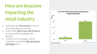 How are beacons
impacting the
retail industry
● Half of the top 100 retailers in the US
are testing Beacons this year
● An...