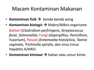 Macam Kontaminan Makanan
• Kontaminan fisik  benda-benda asing
• Kontaminan biologis  Makro/Mikro organisme
Bakteri (Clostridium perfringens, Streptococcus
fecal, Salmonella), Fungi (Aspergillius, Penicillium,
Fusarium), Parasit (Entamoeba histolytica, Taenia
saginata, Trichinella spiralis, dan virus (virus
hepatitis A/HAV)
• Kontaminan kimiawi  bahan atau unsur kimia
 