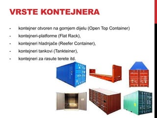 VRSTE KONTEJNERA
- kontejner otvoren na gornjem dijelu (Open Top Container)
- kontejneri-platforme (Flat Rack),
- kontejneri hladnjače (Reefer Container),
- kontejneri tankovi (Tankteiner),
- kontejneri za rasute terete itd.
 