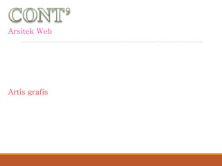 Arsitek Web
Spesialis yang mendesain web yang kompleks untuk
organisasi, termasuk spesialis web publik untuk internet,
situs web internal untuk organisasi disebut internet, dan
situs web pribadi antarbisnis disebut extratnet.
Artis grafis
Relatif baru dalam campuran pekerja TI saat ini, spesialis
dalam teknologi grafis dan metode yang digunakan unutk
mendesain dan membangun antarmuka yang kuat serta
mudah digunakan ke sistem, termasuk antarmuka untuk
PC, Web, komputer genggam, dan smart phone.
 