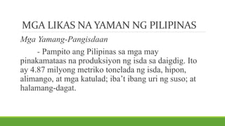 MGA LIKAS NA YAMAN NG PILIPINAS
Mga Yamang-Pangisdaan
- Pampito ang Pilipinas sa mga may
pinakamataas na produksiyon ng isda sa daigdig. Ito
ay 4.87 milyong metriko tonelada ng isda, hipon,
alimango, at mga katulad; iba’t ibang uri ng suso; at
halamang-dagat.
 