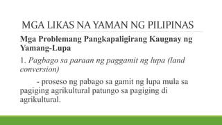 MGA LIKAS NA YAMAN NG PILIPINAS
Mga Problemang Pangkapaligirang Kaugnay ng
Yamang-Lupa
1. Pagbago sa paraan ng paggamit ng lupa (land
conversion)
- proseso ng pabago sa gamit ng lupa mula sa
pagiging agrikultural patungo sa pagiging di
agrikultural.
 
