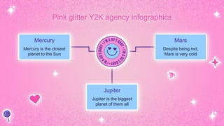 Pink glitter Y2K agency infographics
Mercury
Mercury is the closest
planet to the Sun
Mars
Despite being red,
Mars is very cold
Jupiter
Jupiter is the biggest
planet of them all
 
