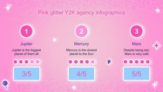 Pink glitter Y2K agency infographics
Jupiter
Jupiter is the biggest
planet of them all
3/5
1
Mercury
Mercury is the closest
planet to the Sun
4/5
2
Mars
Despite being red,
Mars is very cold
5/5
3
 