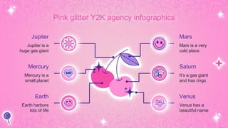 Mars
Mars is a very
cold place
Jupiter
Jupiter is a
huge gas giant
Venus
Venus has a
beautiful name
Earth
Earth harbors
lots of life
Saturn
It’s a gas giant
and has rings
Mercury
Mercury is a
small planet
Pink glitter Y2K agency infographics
 