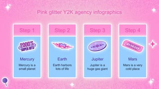 Pink glitter Y2K agency infographics
Step 1 Step 2 Step 3 Step 4
Jupiter
Jupiter is a
huge gas giant
Earth
Earth harbors
lots of life
Mercury
Mercury is a
small planet
Mars
Mars is a very
cold place
 