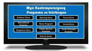Mga Kontemporaryong
Programa sa telebisyon
Children Show
Educational
Program
Magazine Show
Morning Show
News Program
Public Service
Program
Travel Show
VarietyShow
Youth-Oriented
Program
Drama Series
 