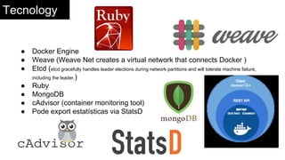 Tecnology
● Docker Engine
● Weave (Weave Net creates a virtual network that connects Docker )
● Etcd (etcd gracefully handles leader elections during network partitions and will tolerate machine failure,
including the leader.)
● Ruby
● MongoDB
● cAdvisor (container monitoring tool)
● Pode export estatísticas via StatsD
 