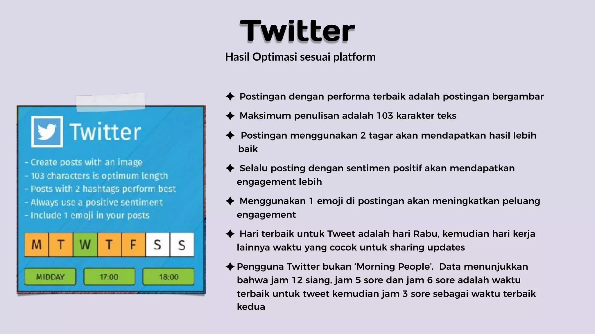 Hasil Optimasi sesuai platform
Postingan dengan performa terbaik adalah postingan bergambar
Maksimum penulisan adalah 103 karakter teks
Postingan menggunakan 2 tagar akan mendapatkan hasil lebih
baik
Selalu posting dengan sentimen positif akan mendapatkan
engagement lebih
Menggunakan 1 emoji di postingan akan meningkatkan peluang
engagement
Hari terbaik untuk Tweet adalah hari Rabu, kemudian hari kerja
lainnya waktu yang cocok untuk sharing updates
Pengguna Twitter bukan ‘Morning People’. Data menunjukkan
bahwa jam 12 siang, jam 5 sore dan jam 6 sore adalah waktu
terbaik untuk tweet kemudian jam 3 sore sebagai waktu terbaik
kedua
Twitter
 