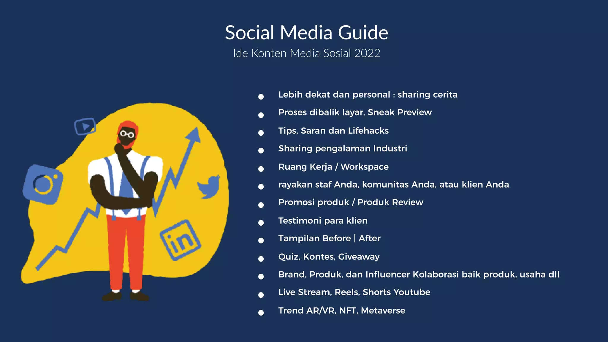 Ide Konten Media Sosial 2022
• Lebih dekat dan personal : sharing cerita
• Proses dibalik layar, Sneak Preview
• Tips, Saran dan Lifehacks
• Sharing pengalaman Industri
• Ruang Kerja / Workspace
• rayakan staf Anda, komunitas Anda, atau klien Anda
• Promosi produk / Produk Review
• Testimoni para klien
• Tampilan Before | After
• Quiz, Kontes, Giveaway
• Brand, Produk, dan Influencer Kolaborasi baik produk, usaha dll
• Live Stream, Reels, Shorts Youtube
• Trend AR/VR, NFT, Metaverse
Social Media Guide
 
