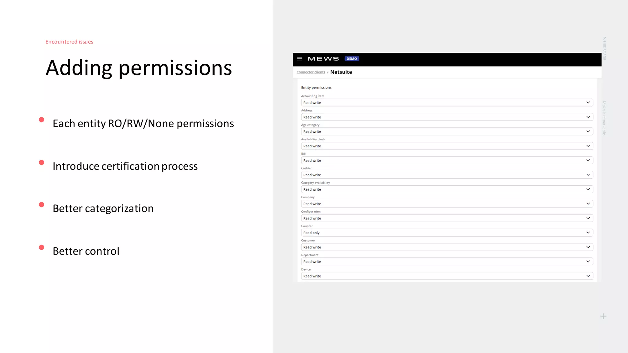 Make
it
remarkable.
+
Adding permissions
Encountered issues
• Each entity RO/RW/None permissions
• Introduce certificationprocess
• Better categorization
• Better control
 