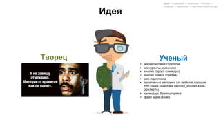 Идея
Творец Ученый
• маркетинговая стратегия
• конкуренты, смежники
• кнализ спроса (семядро)
• кнализ охвата (трафик)
• seo-подготовка
• креативные методики (от red keds хорошие
http://www.slideshare.net/conf_imu/red-keds-
22378278)
• календарь брейнштормов
• файл идей (excel)
идея -> сценарий -> режиссер -> актеры ->
команда -> маркетинг -> зрители и кинотеатры
 