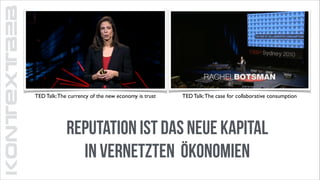 KONTEXTB2B

TED Talk: The currency of the new economy is trust

TED Talk: The case for collaborative consumption

Reputation ist das neue kapital
in vernetzten Ökonomien

 